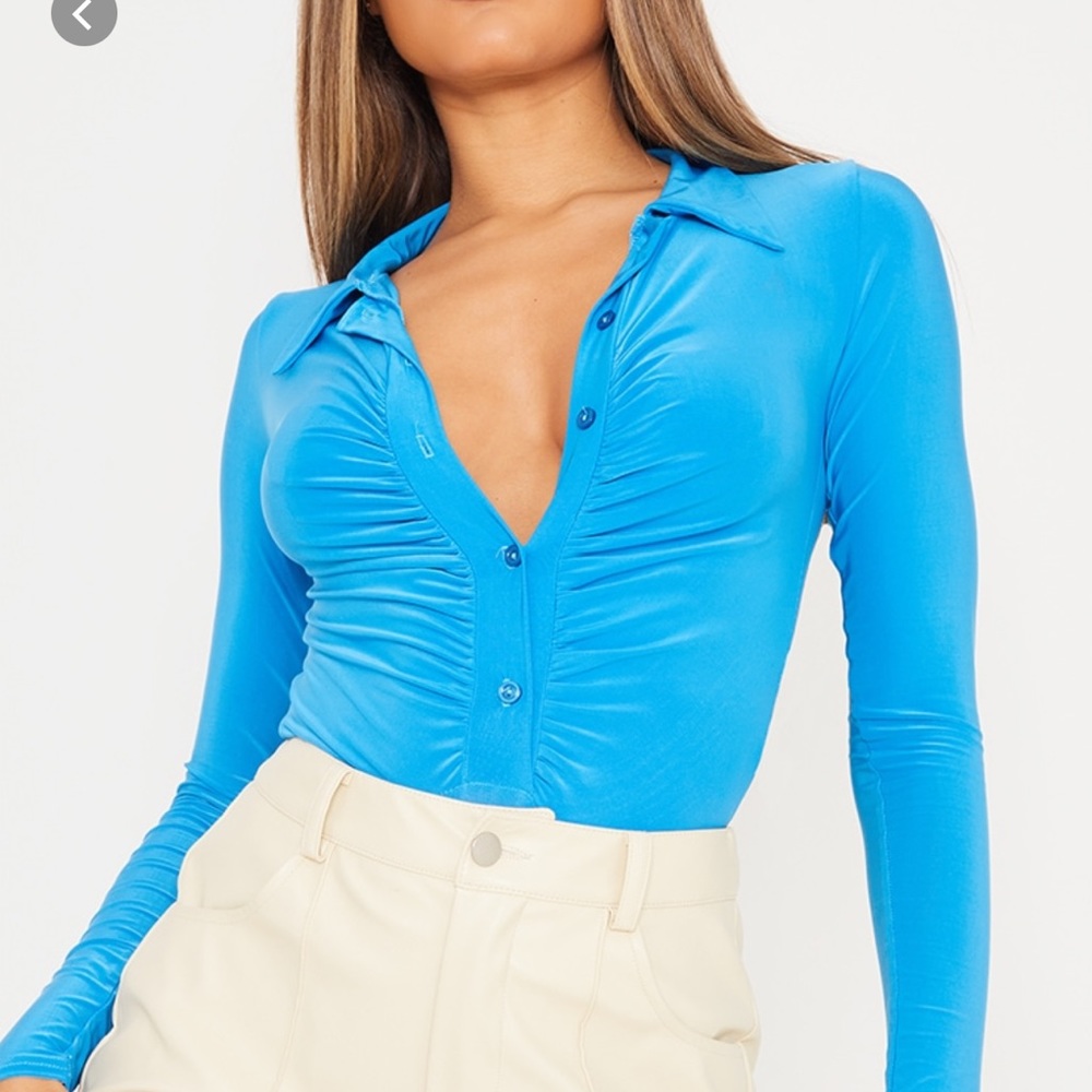 PLT Blue Slinky Ruched Bodysuit